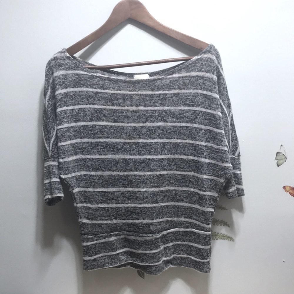 Striped, soft airy knit, semi-sheer, batwing short sleeve